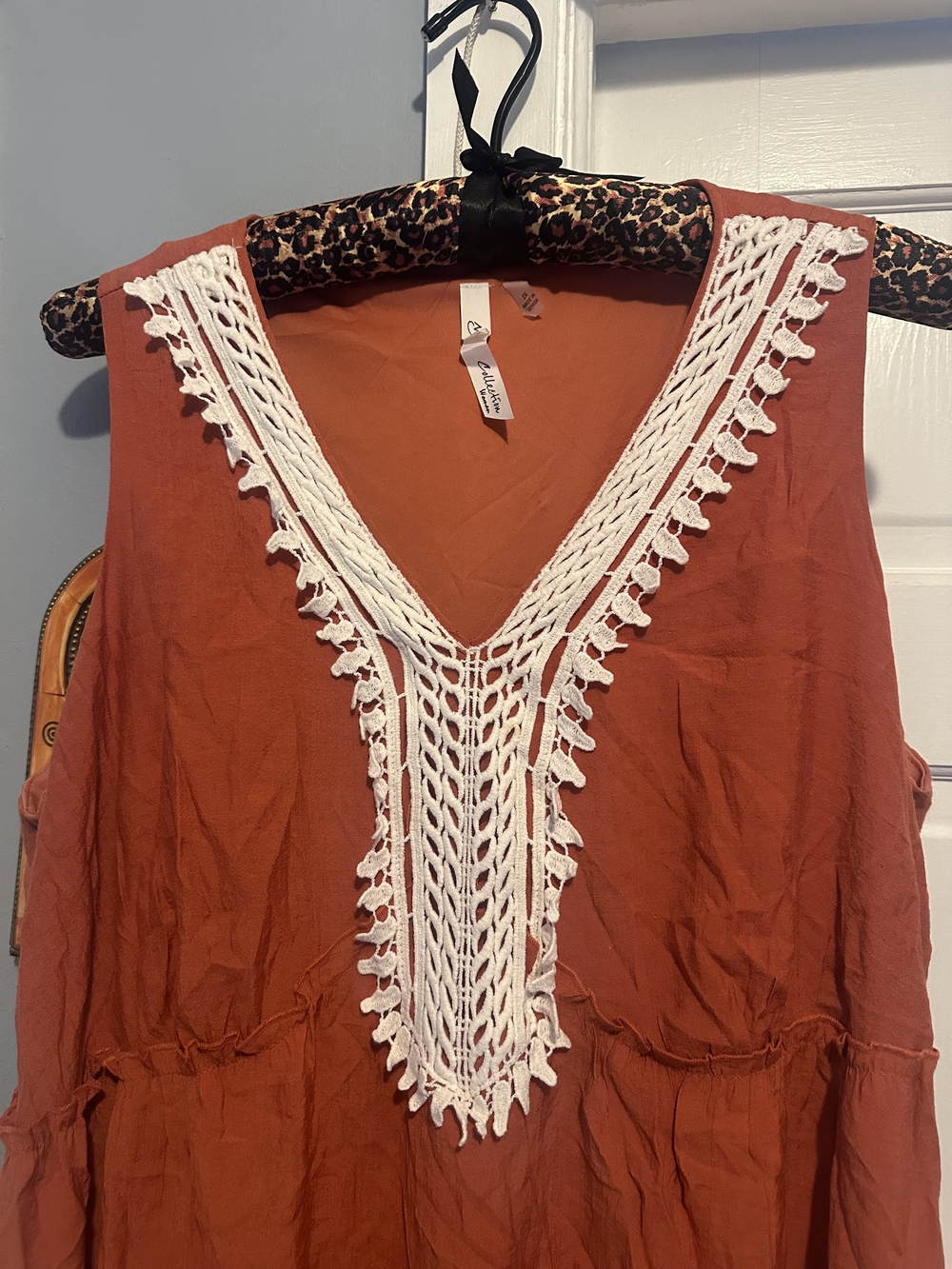 Sleeveless Rust Maxi Dress with White Crochet V-Neck 2X - Picture 3 of 4